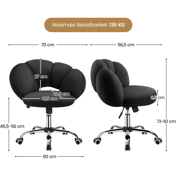 Крісло офісне Yaheetech, ергономічне, чорне, регульоване по висоті, до 136 кг, для дому/офісу