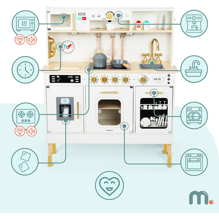 Дерев'яна дитяча кухня Mamabrum з LED-підсвічуванням - ігровий набір кухонь з регульованою висотою, з приготуванням кубиків льоду, мікрохвильовою піччю, плитою та посудомийною машиною. Іграшка для дітей від 3 років