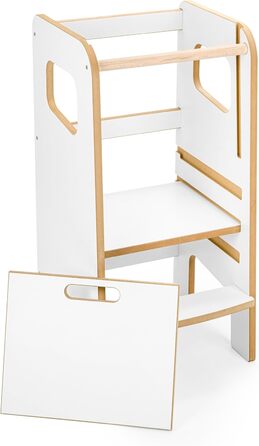 Дерев'яний навчальний столик-сходинка Montessori для дітей з бічною перегородкою – білий, безпечний та стійкий, регульована висота, з блокуванням, сучасний дизайн Model 4