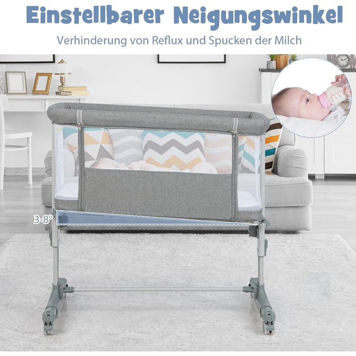 DREAMADE Beistellліжко 2-в-1 з регулюванням висоти, 5-рівнів, для новонароджених, з матрацом та колесами, 86 x 63 см, нахил 10°, сірий колір