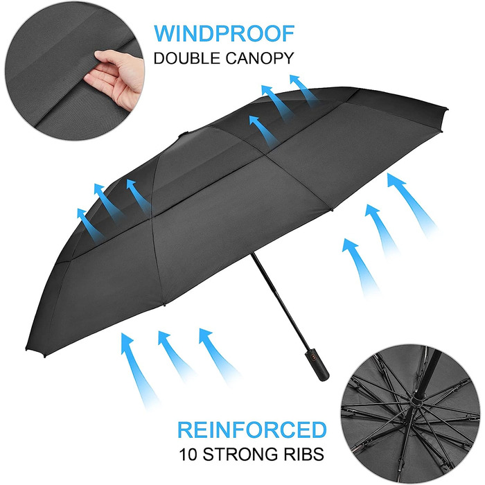 Дюймова парасолька Штормостійка кишенькова парасолька Велика кишенькова парасолька Складна парасолька Подвійний вентильований навіс Автоматичне відкриття Сильний вітрозахисний водонепроникний чорний, 4Free 62-