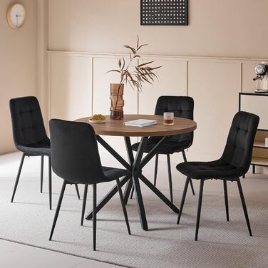 Обідній комплект на 5 персон: круглий стіл 100 см + 4 стільці (голландський флізелін), для кухні, вітальні, балкону, ресторану, офісу (темне дерево + чорний колір)