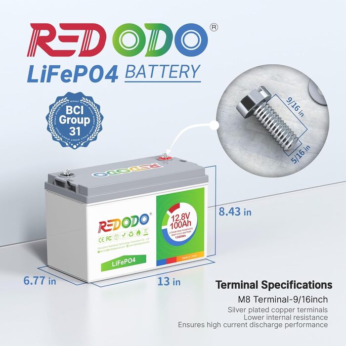 Акумулятор LiFePO4 Redodo 12V 100Ah, 1280 Втгод, 4000 циклів, 100A BMS, послідовно/паралельно, для автофургонів, сонячна