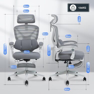 Крісло офісне ергономічне FLEXISPOT з регулюванням нахилу 135°, 3D-підголовник, підлокітники з регулюванням, підставка для ніг, колір біло-сірий (OC4)