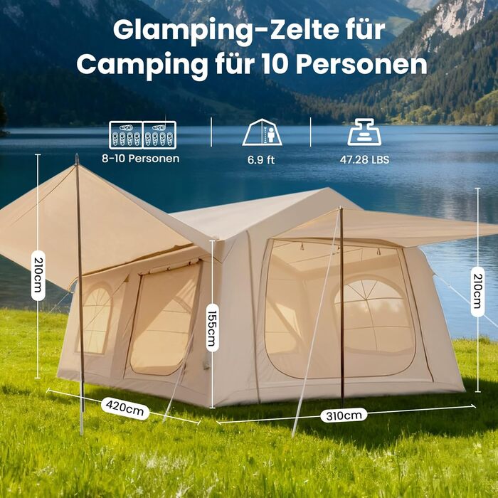 Надувний намет для кемпінгу Oxford 10 осіб з навісом - водонепроникний сімейний намет для глемпінгу