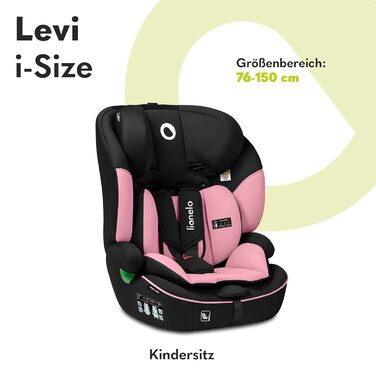 Дитяче автокрісло LIONELO LEVI I-SIZE 76-150 см, група 1 2 3, бічний захист, регулювання підголівника на 10 градусів Зручні підлокітники регульована спинка, R129 i-Size рожевий