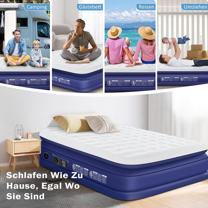 Надувна ліжко 152x203 см для 2 осіб з електричним насосом | Гостьове ліжко та для кемпінгу | Надувне ліжко блакитно-біле