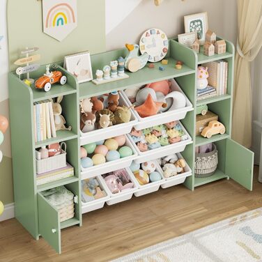 FOREHILL Регульована полиця для іграшок з 8 ящиками, дитячий шафка, книжкова полиця для дітей, меблі для дитячої кімнати з ящиком для іграшок, 138,8 x 94,3 x 29,6 см, білий (зелений)