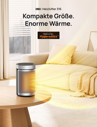 Електричний обігрівач Dreo Atom 316: тихий, 1500W, керамічний PTC, термостат, захист від перегріву та перекидання, таймер 12 год, для дому та спальні