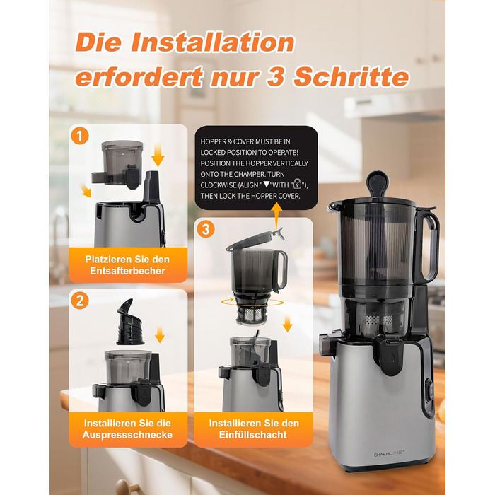 Charmline Slow Juicer: повільний соковитискач для фруктів та овочів, 1,8л, легке очищення