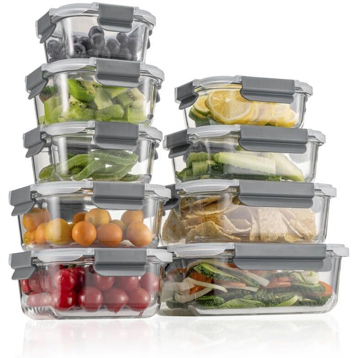 Набір контейнерів для зберігання продуктів Glas, 18 шт. (9 контейнерів, 9 кришок), безпечні для миття в посудомийній машині, мікрохвильовій печі та морозильній камері, з герметичним закриттям, без BPA, сірого кольору