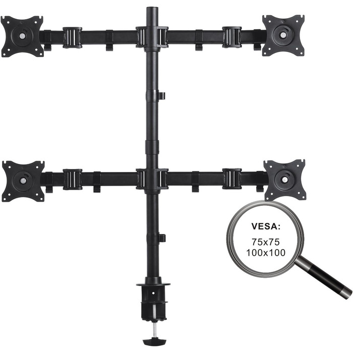 Кріплення для монітора PureMounts для 4 моніторів, 17-32 дюйми, до 8 кг, VESA 75/100, 360° оберт, регулювання висоти та нахилу, чорний