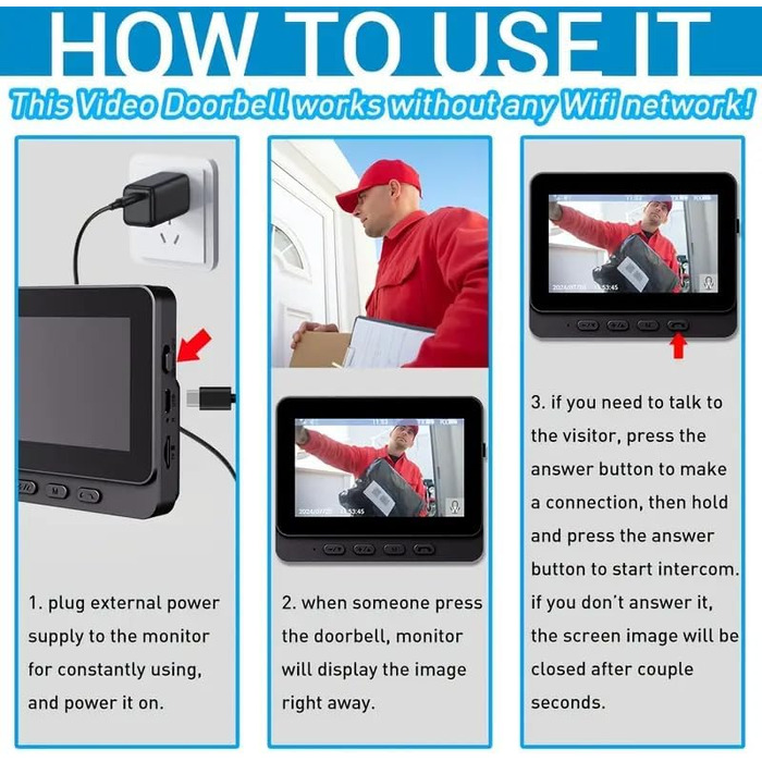 Відеодзвінок з камерою 1080P HD, бездротовий, водонепроникний IP65, дисплей 4.3