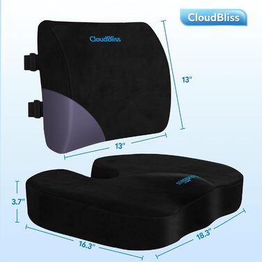 Подушка для сидіння CloudBliss: для офісного крісла, авто, підтримка попереку, з memory foam, для болю в спині, чорна, X-Large