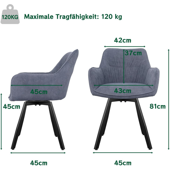 Набір обідніх крісел 6 шт., поворотні, з підлокітниками, 360°, сучасний м'який стіл з велюру, для їдальні, кухні, вітальні, кабінету, спальні (4 поворотні, сірий)