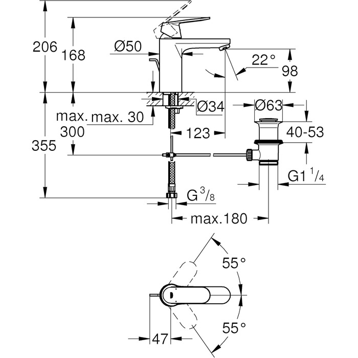 Змішувач для ванної кімнати Grohe Eurosmart Cosmopolitan, хром, 30 см, водозберігаючий, з витяжною системою