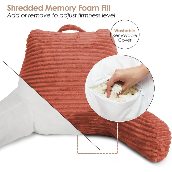 Крісло-подушка Clara Clark для дорослих - спинка для сидіння в ліжку, стандартна плюшева подушка для ліжка, подушка для стільця з подрібненим пінопластом з підлокітниками та кишенями, срібляста (Medium, Misty Rose)