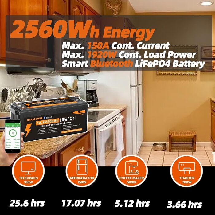 Акумулятор Hahapower 12.8V 200Ah LiFePO4 з Bluetooth, Smart BMS, 15000 циклів, 150 А, для автофургонів і сонячної системи