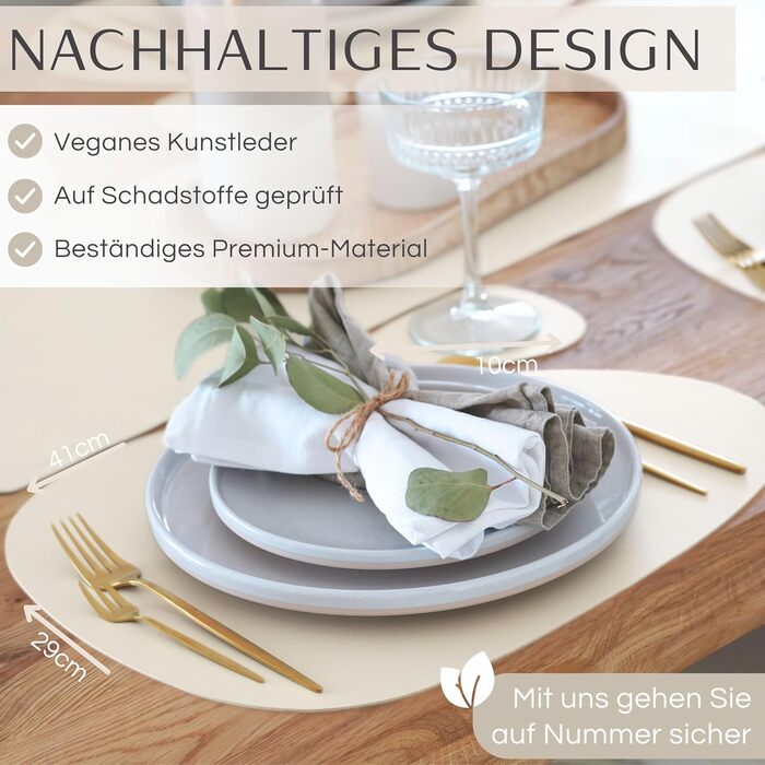 Набір Mahewa® з 6 преміум-підставників для столу з екошкіри, 6 шт. - підставки під тарілки, миються та водонепроникні, підставка під тарілки з імітацією шкіри (крем-бежевий, овальна з тримачем)