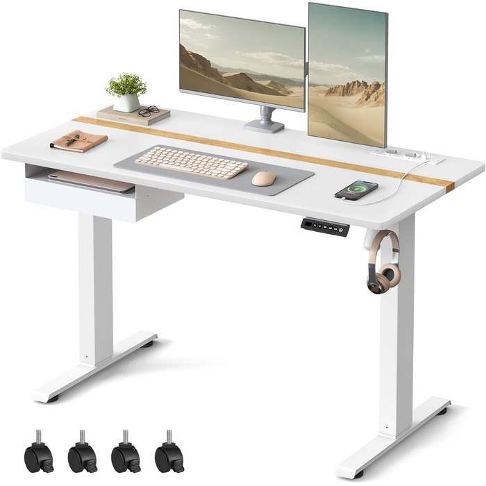 Електричний регульований стіл VASAGLE 120x60 см, білий + горіховий, з пам'яттю висоти, з розетками та ящиком