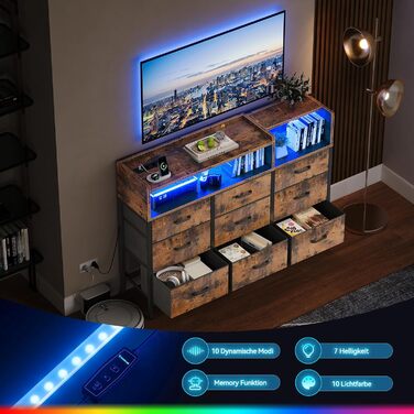 Комод ODK з шухлядами, 2 розетки, 2 USB, 10 LED-смужок, полиця-стільниця, 9 тканинних шухляд, чорний (ретро стиль), 130x30x97 см