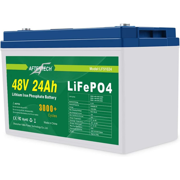 Літій-залізо-фосфатна батарея AFTERTECH 48V 24Ah Lifepo4, акумуляторна, 3000 циклів, 51,2 В 1228 Втгод