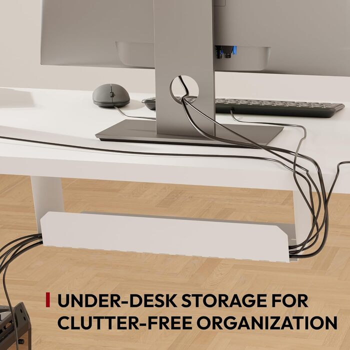 Регульований стіл Sanodesk 110x54 см – компактний стоячий стіл з аксесуарами, для маленьких приміщень, з антиколізійним захистом (білий)