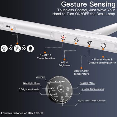 Світлодіодна настільна лампа EYOCEAN, керування жестами та дистанційне керування, 24 Вт, з регулюванням яскравості, лампа для монітора з затиском, білий