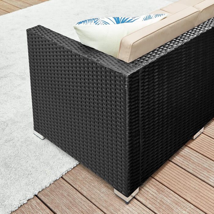 Садовий набір меблів SONGMICS з ротангу для балкона та тераси: кутовий диван, крісла, столик зі склом, подушки (чорний + бежевий)