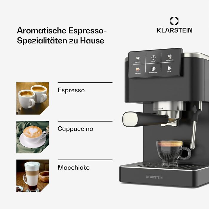 Klarstein SteelPresso Touch: Еспресо-машина з нержавіючої сталі, 20 бар, 1350 Вт, з інтегрованим капучинатором та сенсорним дисплеєм. Компактна кавомашина Klarstein чорного кольору.