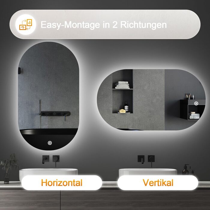 Дзеркало для ванної кімнати Boromal з підсвічуванням, овальне LED, 50x90 см, сенсорне керування, диммування, 3 кольори світла