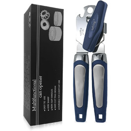 Відкривачка для консервів ручна, з нержавіючої сталі, з зручною ручкою, гостра клинка, гладка кромка, з функцією відкривання пляшок (Блакитна)