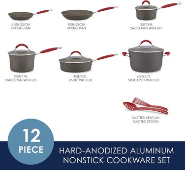 Набір посуду Rachael Ray Cucina Harteloxiertes Antihaft з антипригарним покриттям, з нержавіючої сталі, сірий з червоними ручками