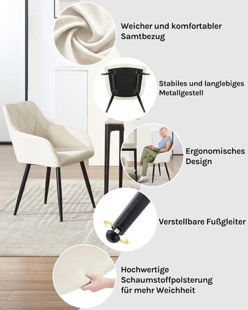 Крісла для їдальні WOLTU з підлокітниками та спинкою, для кухні, вітальні, їдальні, м'які крісла з оксамитовим покриттям, металеві ніжки, (кремовий, набір 8 шт)