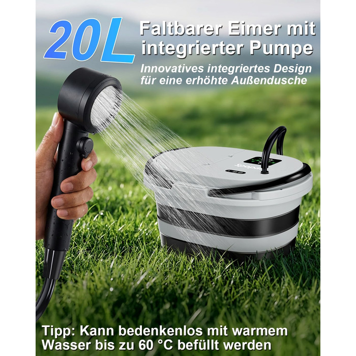 Campingdushe з насосом 20л, портативний душ з акумулятором 13000mAh, LED-індикатор, 5 режимів, для кемпінгу, подорожей, миття тварин