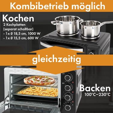 Міні-піч Clatronic® з конфорками та поворотним шампуром | одночасне приготування та випікання | міні-піч 28л конвекція, верхнє/нижнє нагрівання 100°-230°C | електрична міні-піч 3100 Вт з аксесуарами | KK 3786