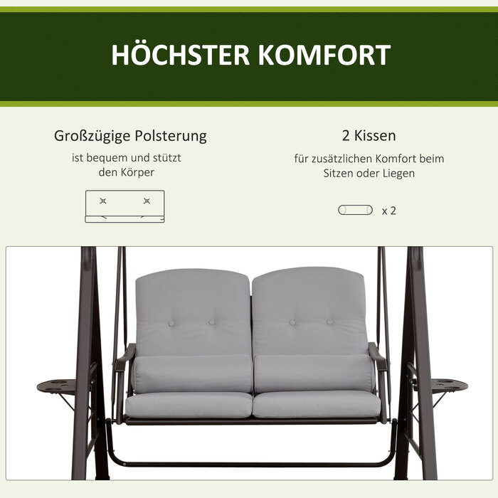 Садові качелі Голлівуд на двох з сонцезахисним навісом, подушками та столиком, металева рама, поліестер, сірий колір, розмір 162 x 118 x 173 см