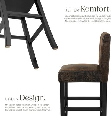 Набір з 2 барних стільців tectake® з підлокітником, античний коричневий, з масиву дерева та штучної шкіри, 107 см