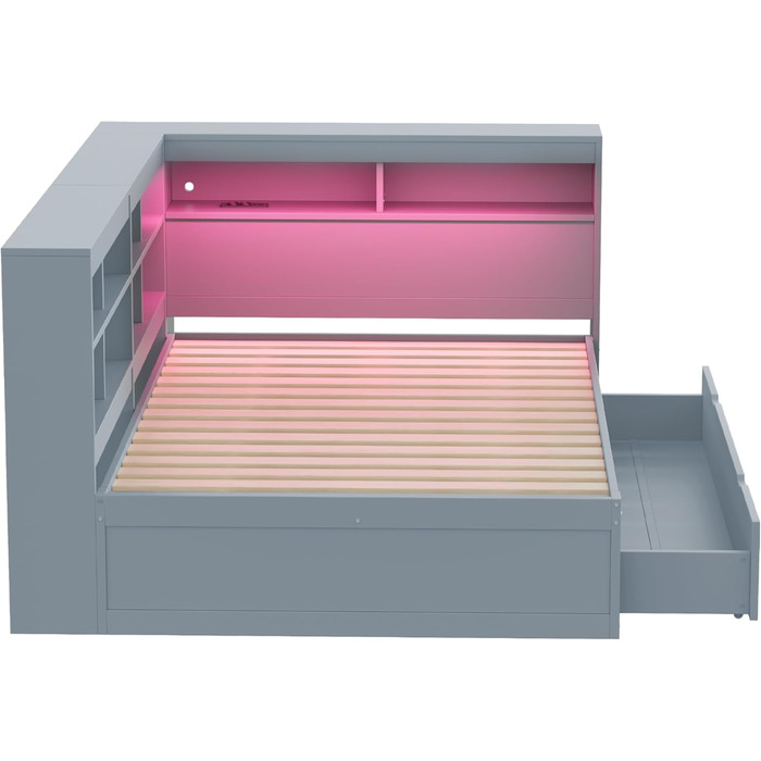 Диван-ліжко Kehun Doppelbet з LED-підсвіткою та USB-портом, трансформер з ящиками для зберігання та полицею, ліжко з ламелями, білий колір, без матраца, 140x200 см (сірий)