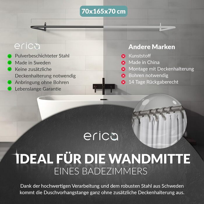 Штанга для душу Ericha L-подібної та U-подібної форми - 4-в-1 для ванни та душу - сталева з порошковим покриттям (чорна)