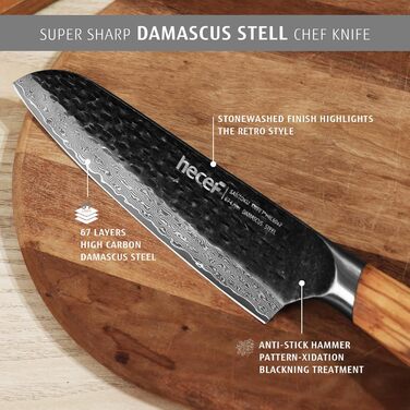 Ніж кухарський Damast 20см Hecef, професійний ніж шеф-кухаря, японський ніж з 67 шарів дамаст сталі та ручкою з оливкового дерева