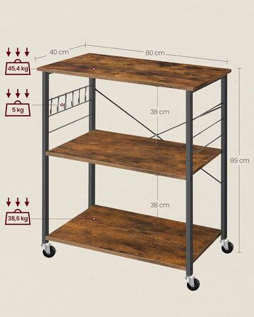 Кухонна полиця VASAGLE на коліщатках, 3 яруси, металевий каркас, 40 х 60 х 89 см, вінтажний коричнево-чорний, KKS60XV1