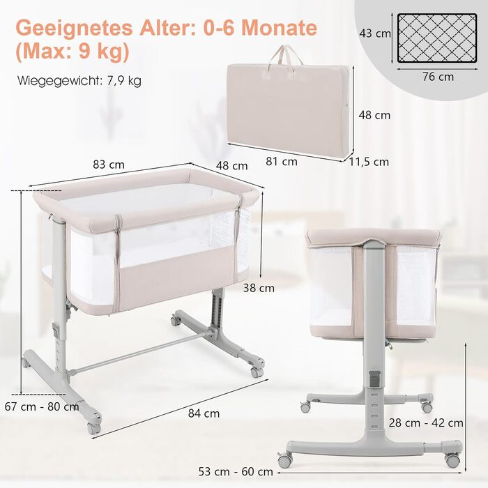 Дитяче ліжко-гойдалка DREAMADE 2 в 1 з регулюванням висоти, 5 ступенів, з матрацом та колесами, 86 x 63 см, для новонароджених до 9 кг, з нахилом 10°, бежевий колір