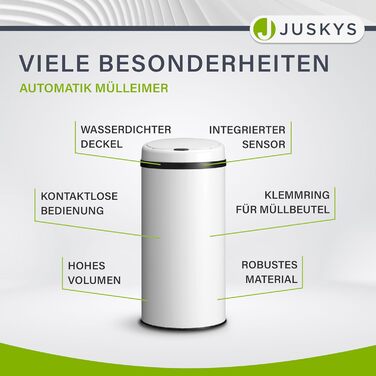 Відро для сміття Juskys з датчиком руху, 50 л - сталеве, з кришкою-затискачем для пакетів, кухонне