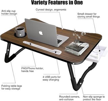 Зручний столик для ноутбука на ліжко/диван, з USB, ящиком та підставкою для планшету (60 x 40 см, коричневий)