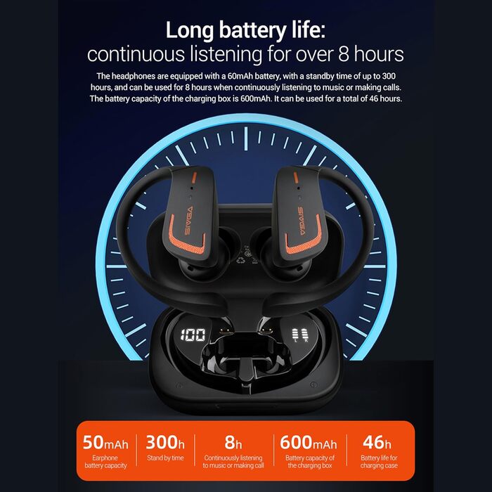 Бездротові спортивні навушники SIVGA SPT1, 46 годин відтворення, зарядний чохол, IPX5, вушний гачок, чорний