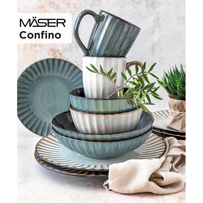 Набір посуду Confino серії MSER 931966 для 4 осіб у сучасному вінтажному стилі, бірюзовий керамічний набір для сніданку 12 шт із чорними вставками, набір кави з бірюзового порцелянового кераміки