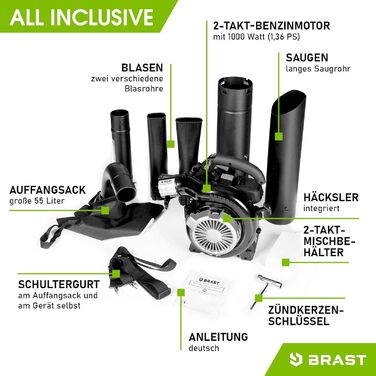 Бензиновий збирач листя BRST® Laubsauger Laubbläser 1,0kW (1,36PS) з мішком 55L, 2 насадки, ремінь та антивібраційний руків'я | 4в1 | Швидкість потоку 73 м/с