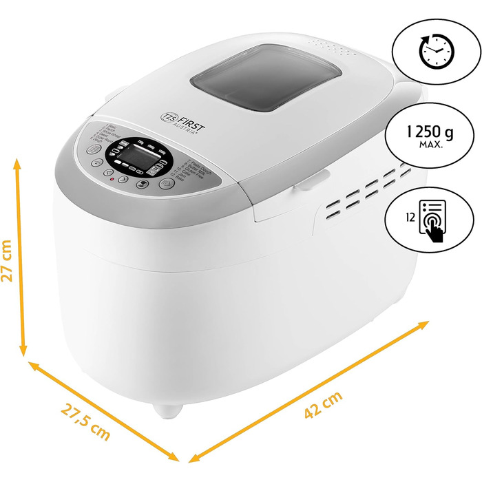 Перша австрійська хлібопічка TZS Таймер і функція збереження тепла Потужність 800 Вт Кількість тіста 900 г і 1250 г Знімний контейнер Аксесуари в комплекті, чорний/сріблястий