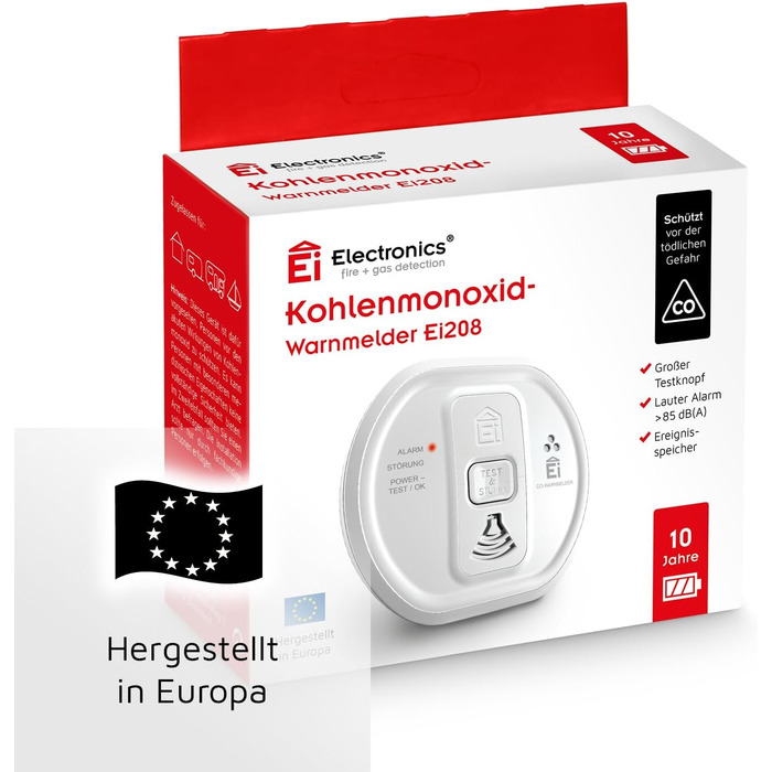 Датчик виявлення CO Ei Electronics Ei208D з LCD-дисплеєм та батареєю на 10 років, автономний, білий